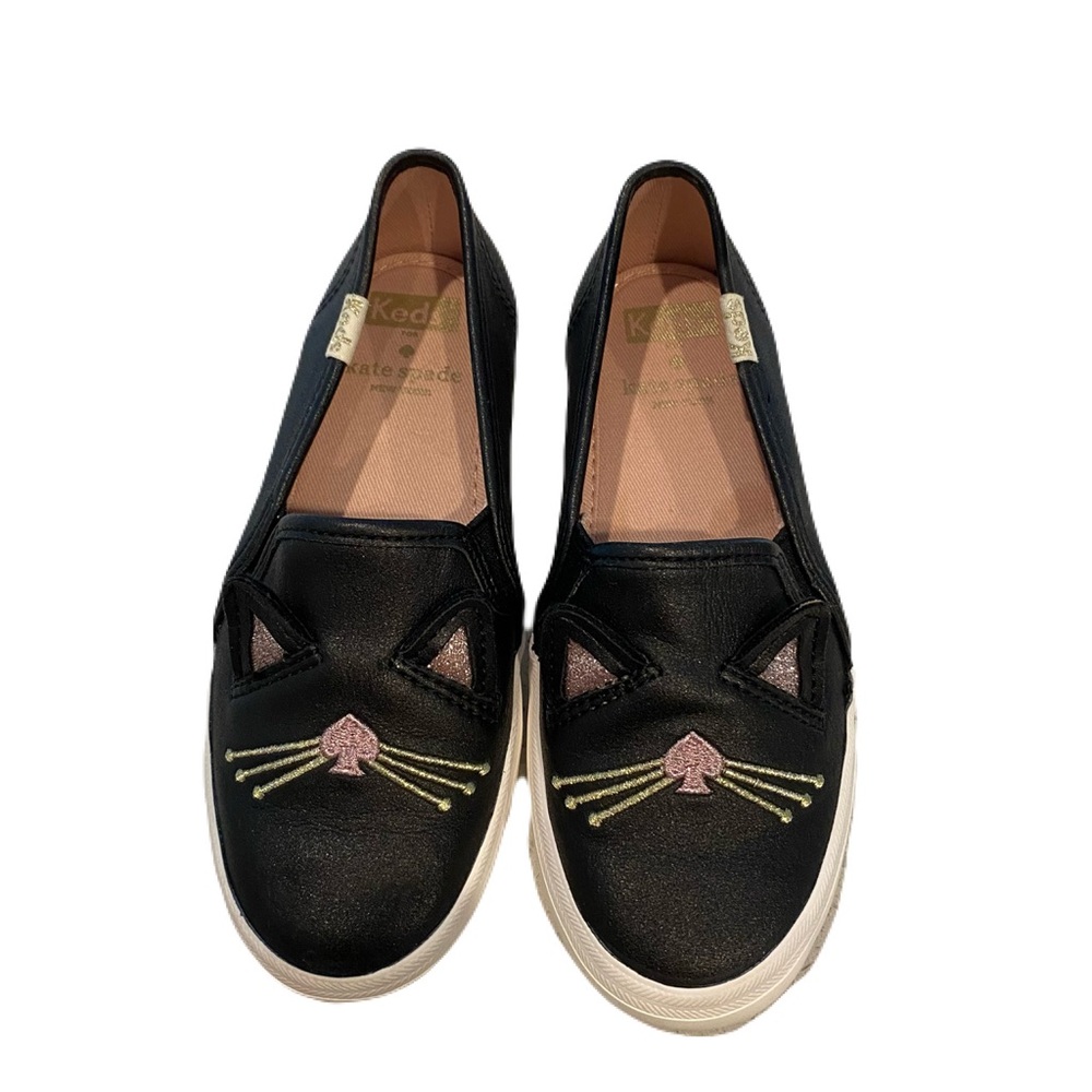 Keds Kids Black Slip-On Cat Face Shoes with Pink & Gold Accents